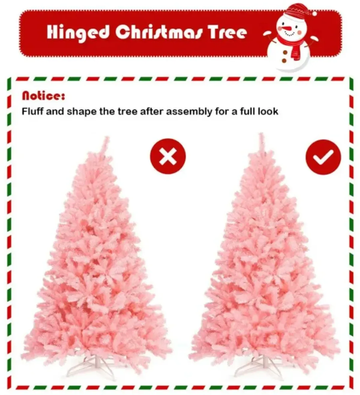 Hivvago 6 Feet Pink Artificial Hinged Spruce Full Christmas Tree with Foldable Metal Stand