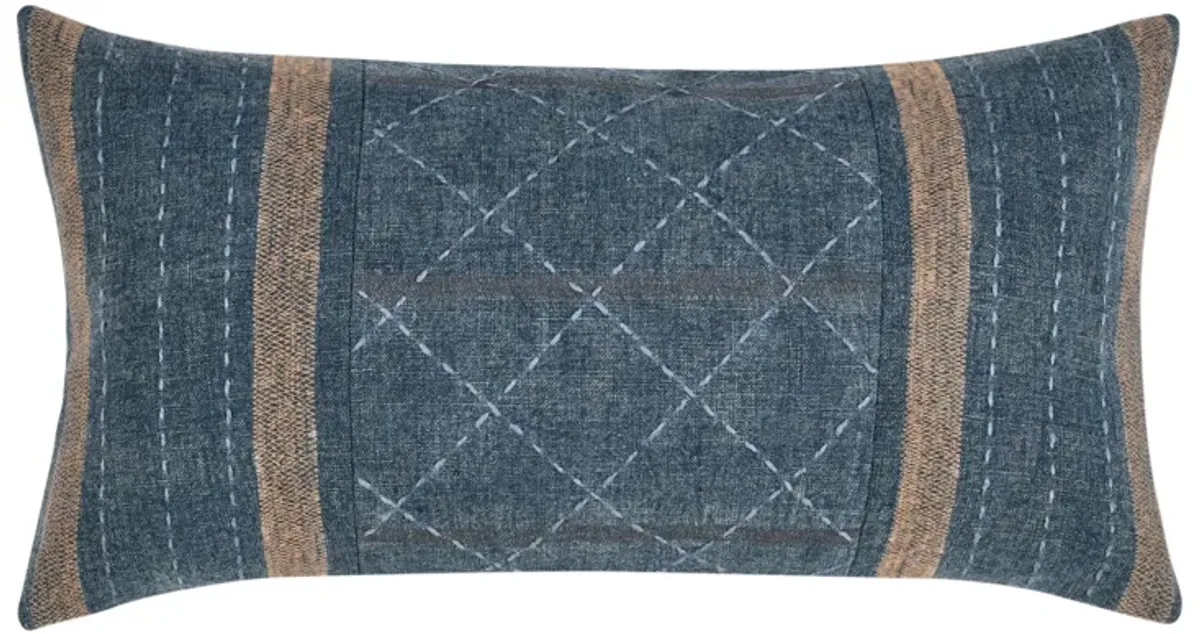 Rijo Lumbar Throw Pillow, 14x26 Inch Hand Embroidery, Denim Blue Linen - Benzara