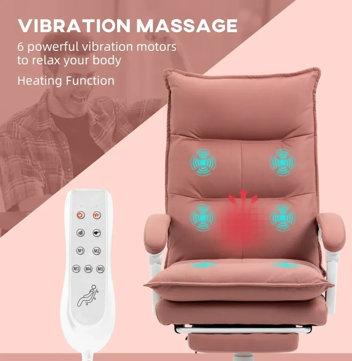 Pink Microfiber Heated Recliner: 6 Vibration Points, Footrest