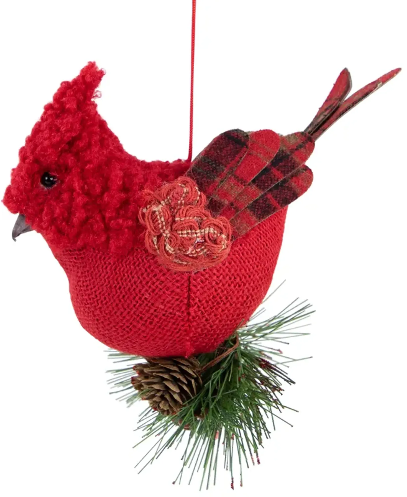 5.25" Red Burlap Cardinal with Pine Needles and Berries Christmas Ornament