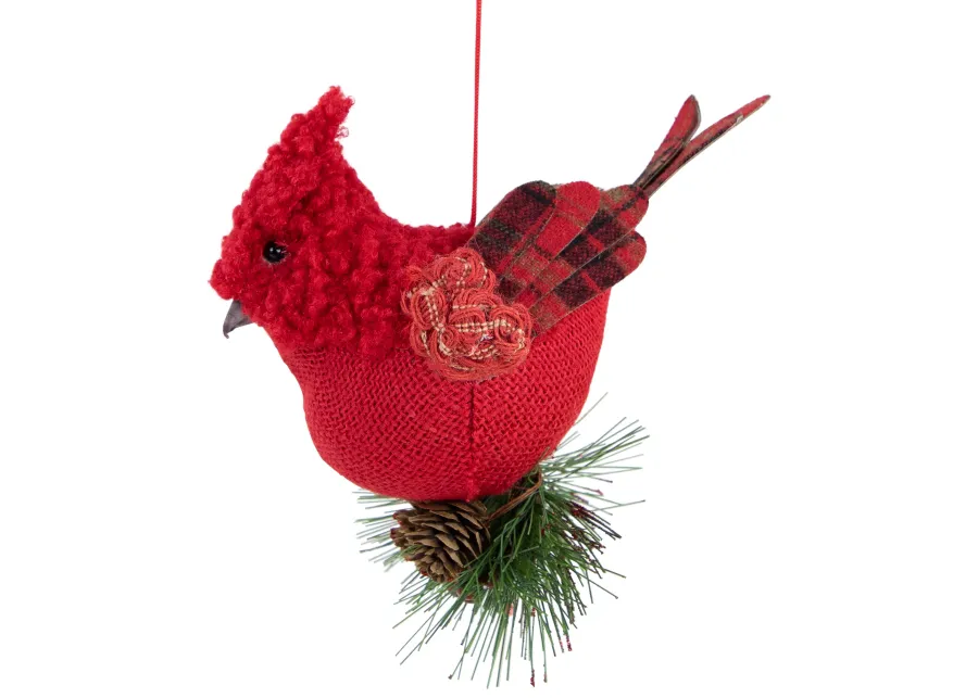 5.25" Red Burlap Cardinal with Pine Needles and Berries Christmas Ornament