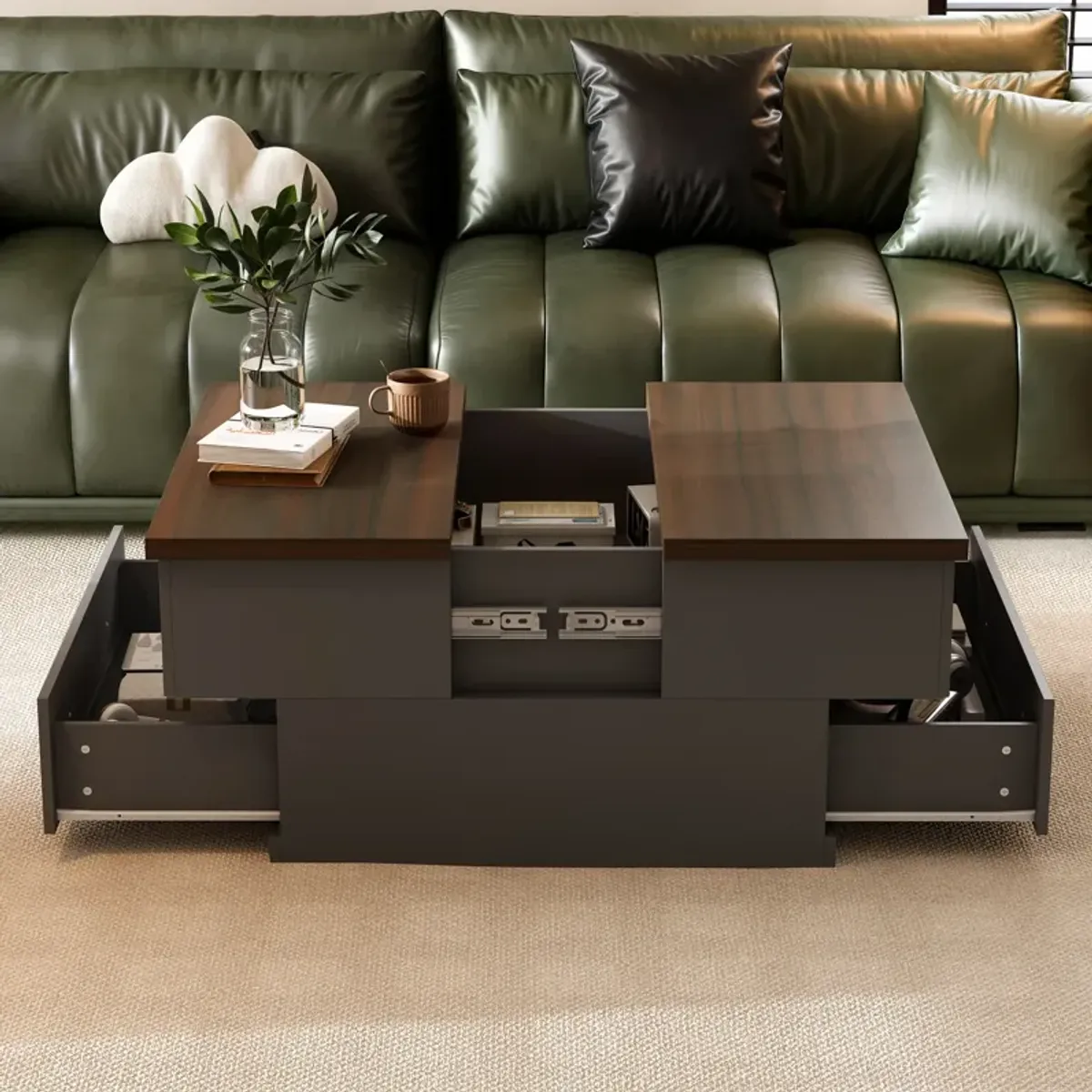 FUFU&GAGA Lift-Top Coffee Table with Hidden Storage, 31.5" Square Rustic Gray & Walnut Finish, Farmhouse Living Room Center Table with Drawers, (18.9 in. H x 31.5 in. W x 31.5 in. D),Brown