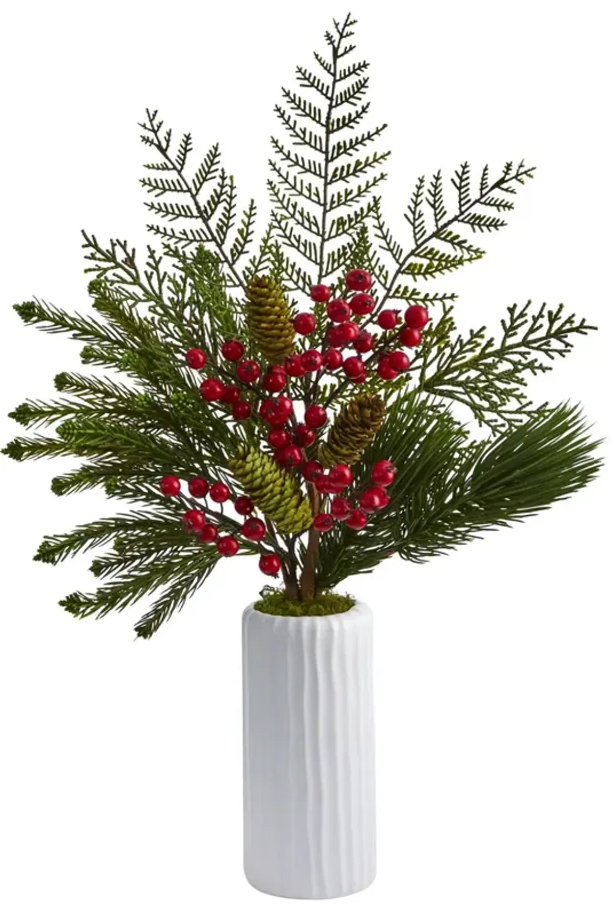 Nearly Natural 23-in Mixed Pine, Pinecone and Berry Arrangement in White Vase