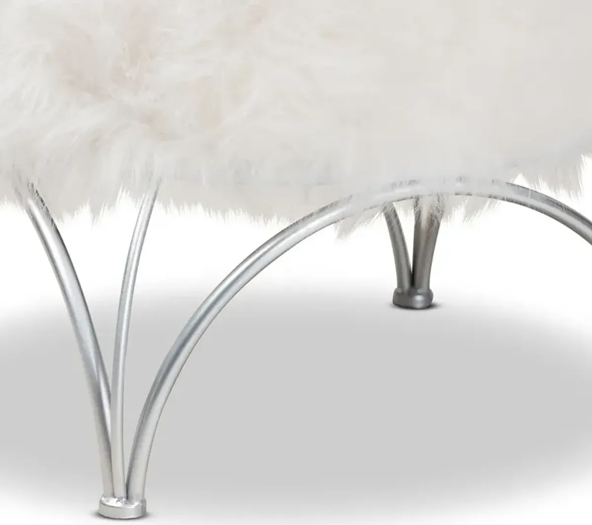 Celia Modern and Contemporary White Faux Fur Upholstered Silver Metal Ottoman