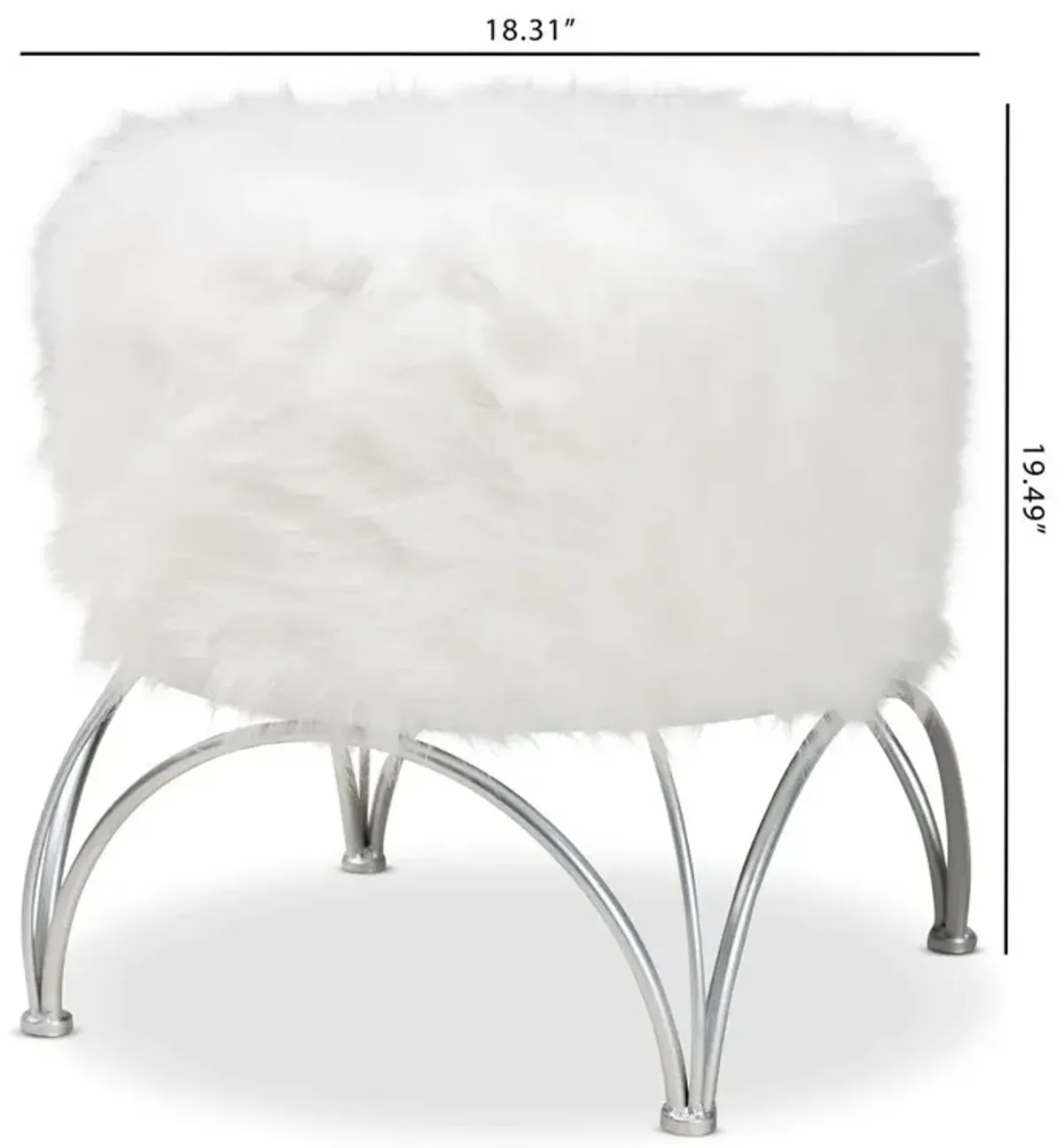 Celia Modern and Contemporary White Faux Fur Upholstered Silver Metal Ottoman