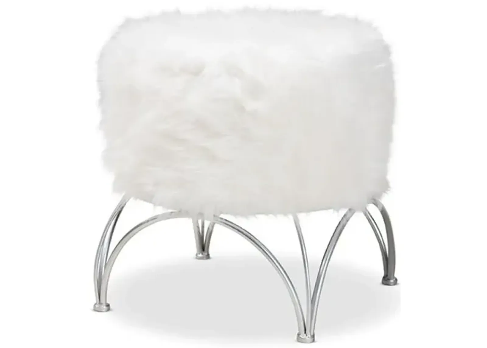 Celia Modern and Contemporary White Faux Fur Upholstered Silver Metal Ottoman