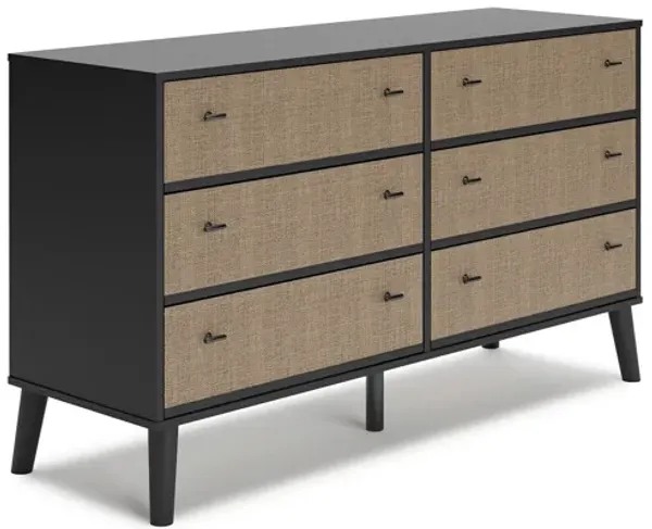 Hwan Wide Dresser with 6 Drawers, 59 Inch Beige and Matte Black Wood - Benzara