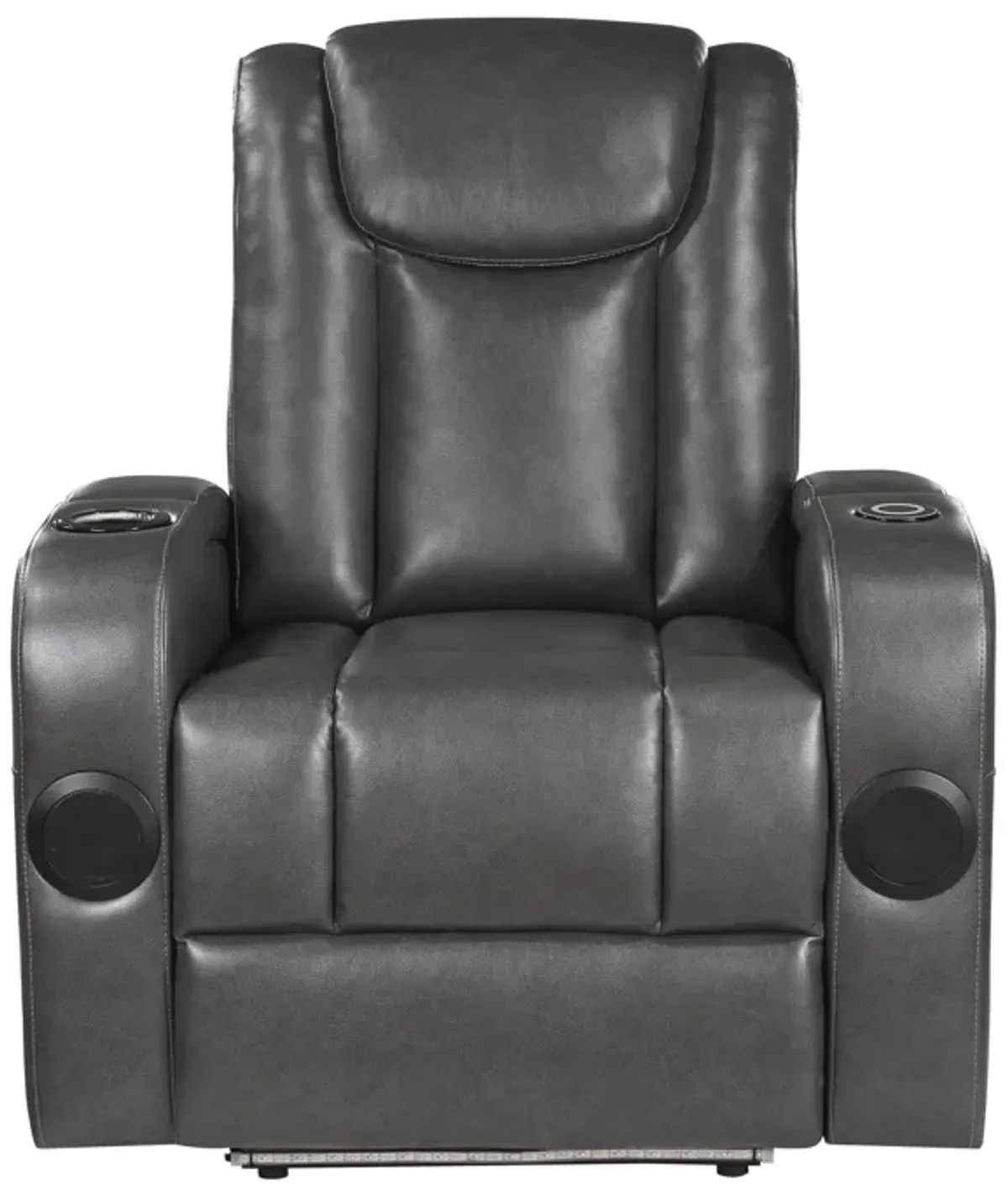 Emily 38 Inch Power Recliner Chair, Cooling Cupholder, LED, Gray PU Leather - Benzara