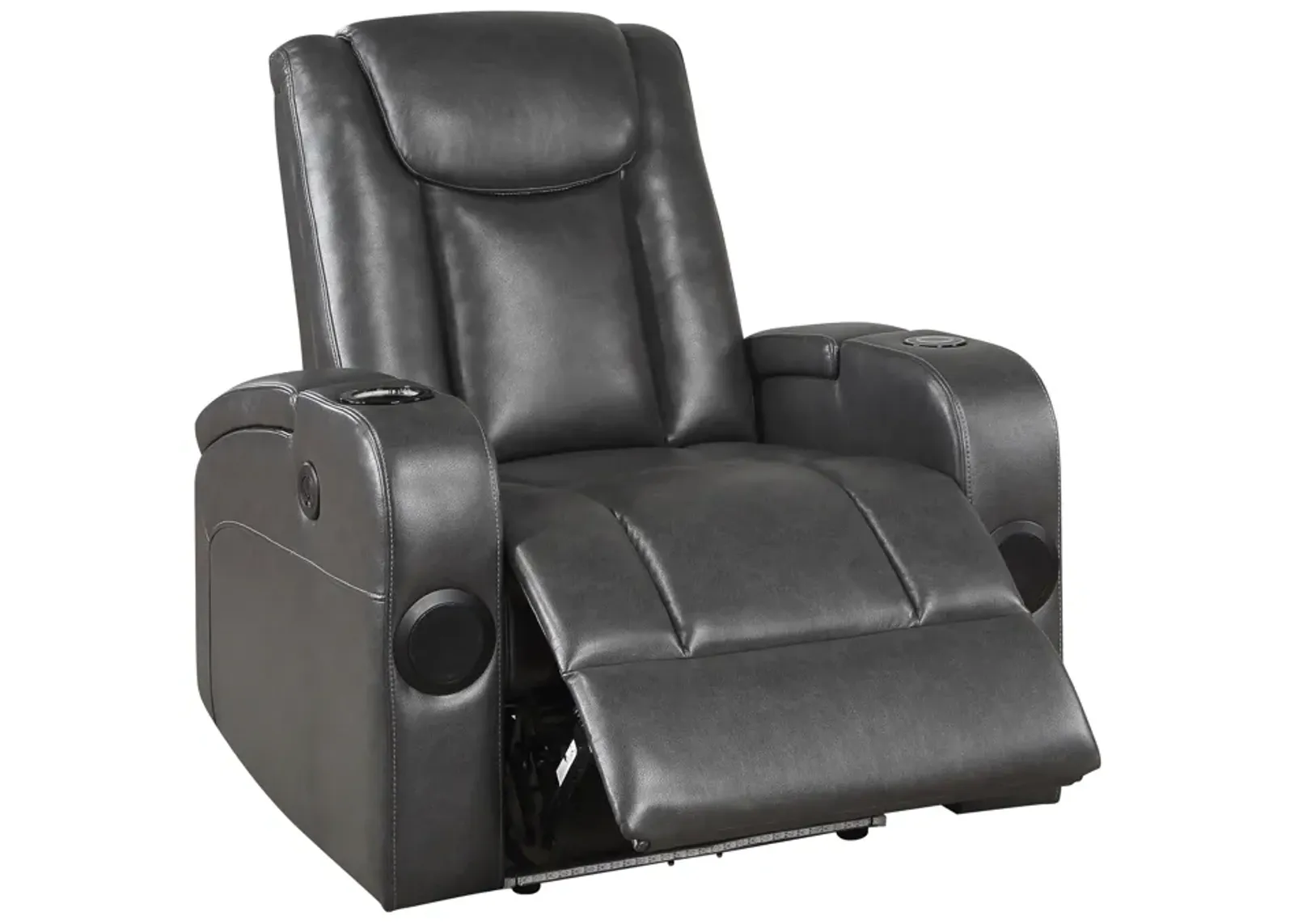 Emily 38 Inch Power Recliner Chair, Cooling Cupholder, LED, Gray PU Leather - Benzara