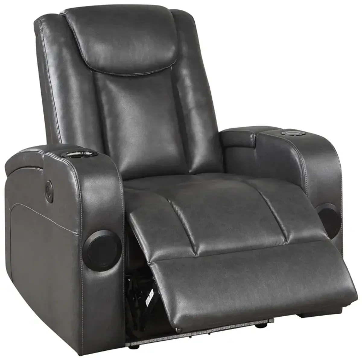 Emily 38 Inch Power Recliner Chair, Cooling Cupholder, LED, Gray PU Leather - Benzara