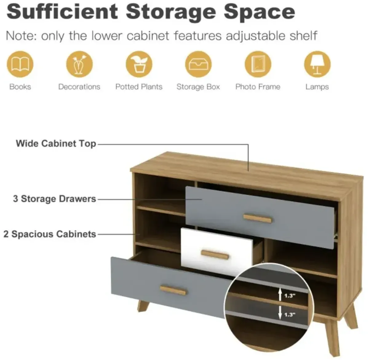 Hivvago Free-standing Storage Floor Cabinet with 2 Doors and 3 Drawers