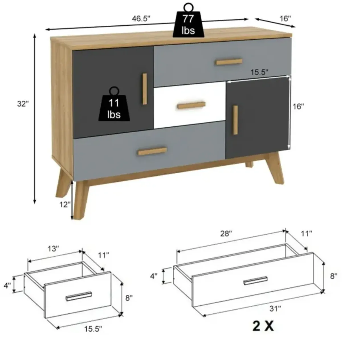 Hivvago Free-standing Storage Floor Cabinet with 2 Doors and 3 Drawers