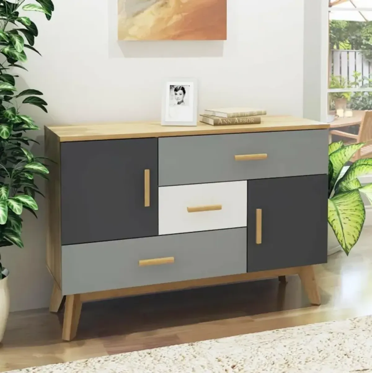 Hivvago Free-standing Storage Floor Cabinet with 2 Doors and 3 Drawers