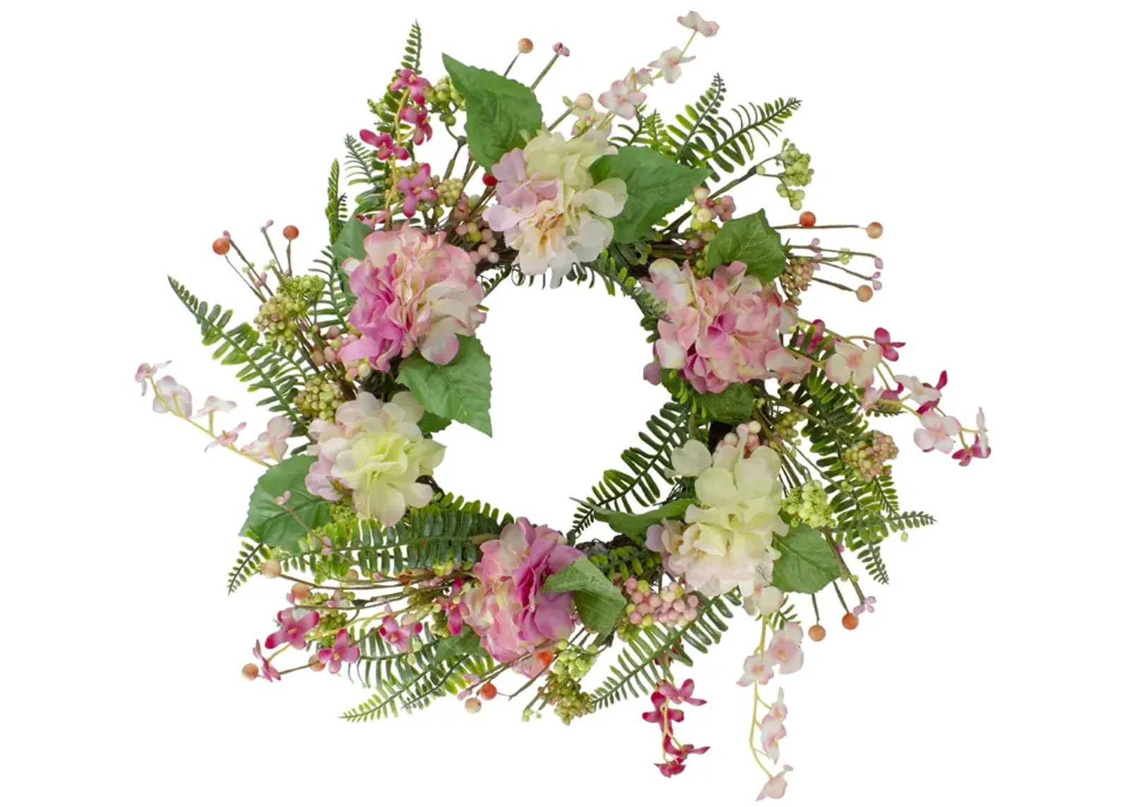 Hydrangea  Berry and Fern Artificial Spring Floral Wreath  Pink - 20-Inch