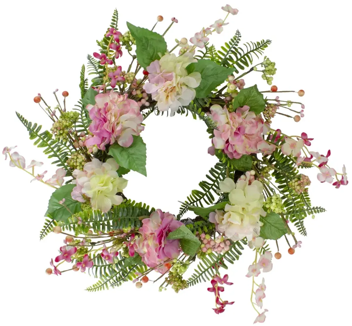 Hydrangea  Berry and Fern Artificial Spring Floral Wreath  Pink - 20-Inch