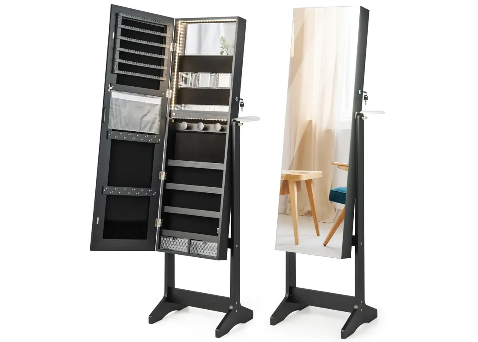 Freestanding Jewelry Cabinet with Full Length Mirror-Black