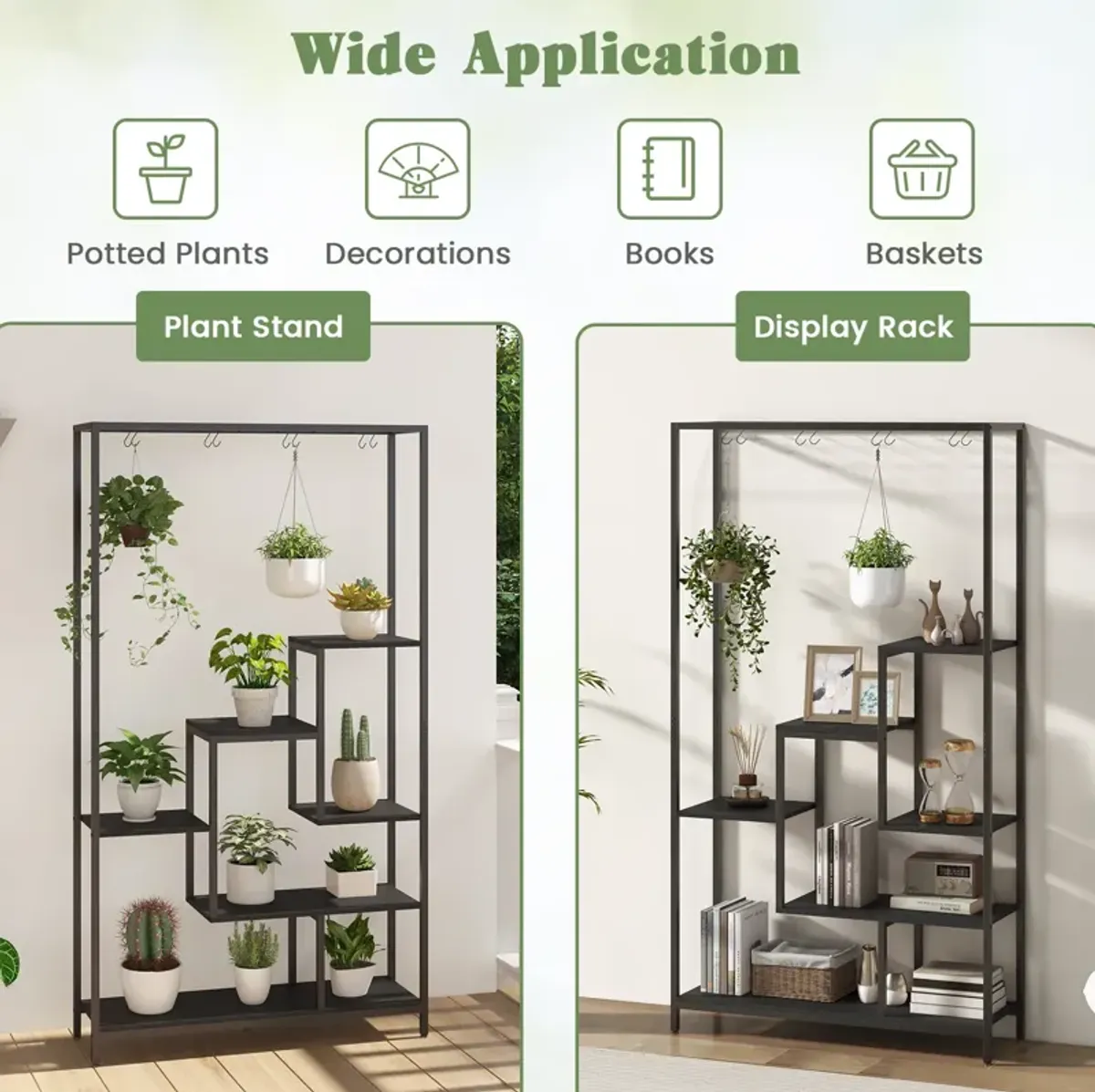 6-Tier Tall Plant Stand 71 Inch Metal Indoor Plant Shelf with 10 Hanging Hooks