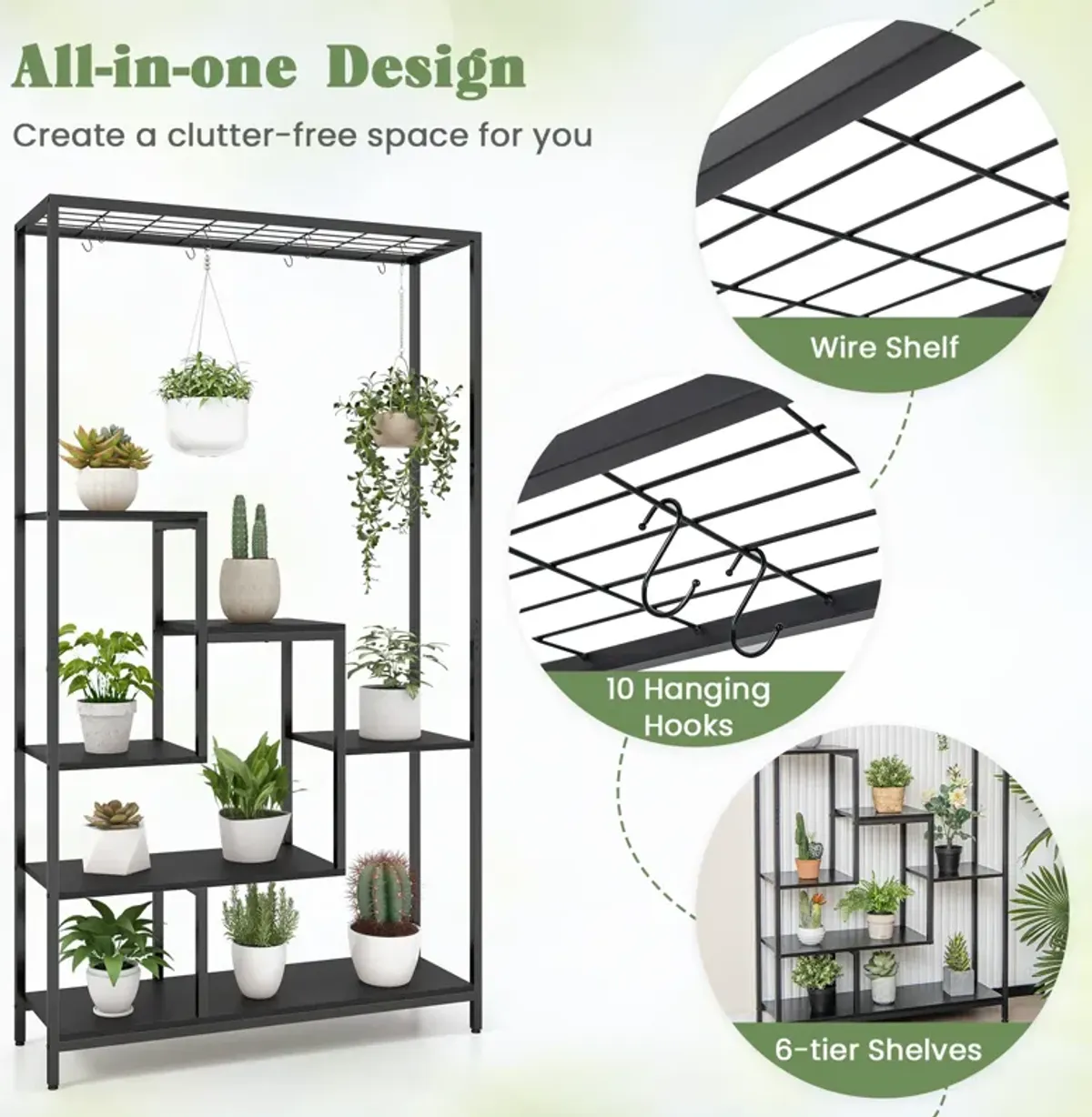 6-Tier Tall Plant Stand 71 Inch Metal Indoor Plant Shelf with 10 Hanging Hooks