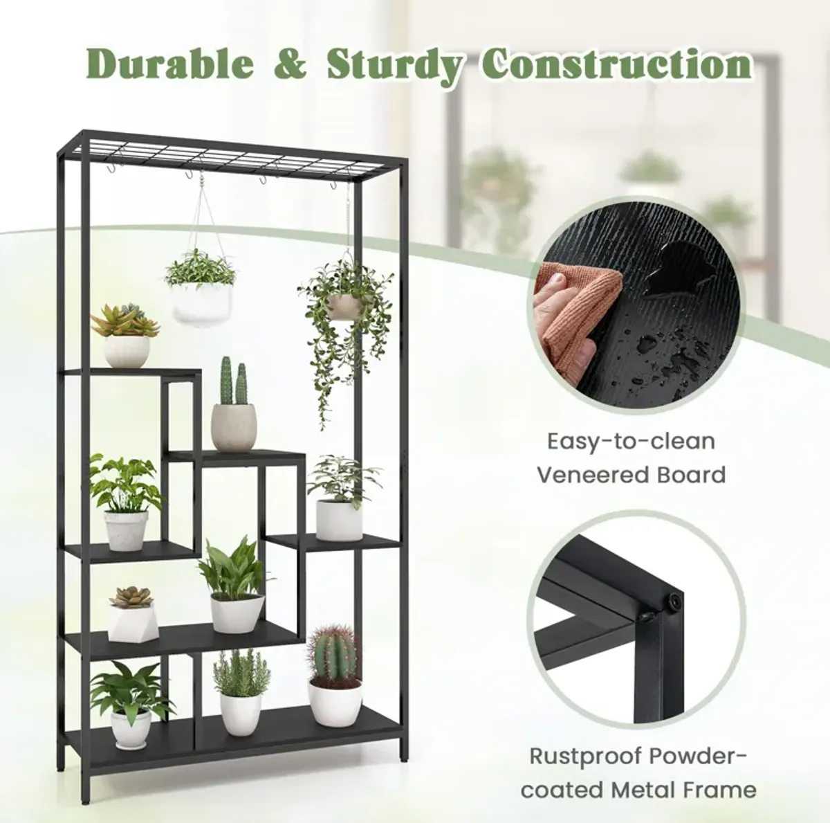 6-Tier Tall Plant Stand 71 Inch Metal Indoor Plant Shelf with 10 Hanging Hooks