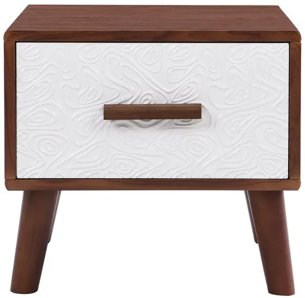 Embossed White End Table with Drawer and Wood Legs