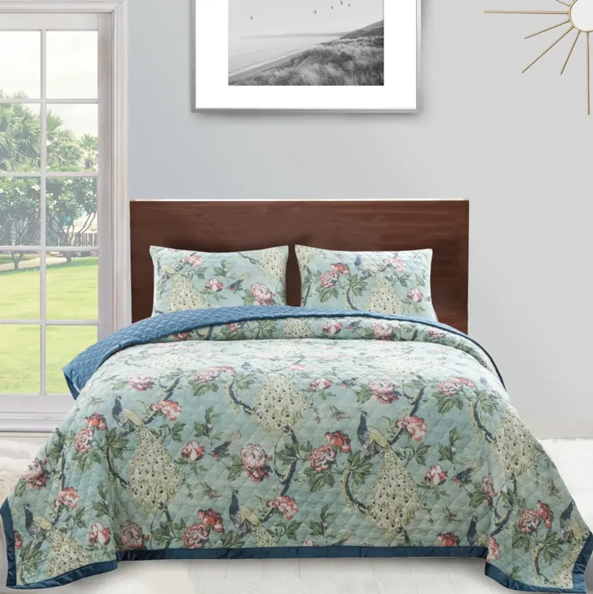 Eden 2 Piece Twin XL Quilt Set, Peacock and Songbirds, Green Microfiber - Benzara