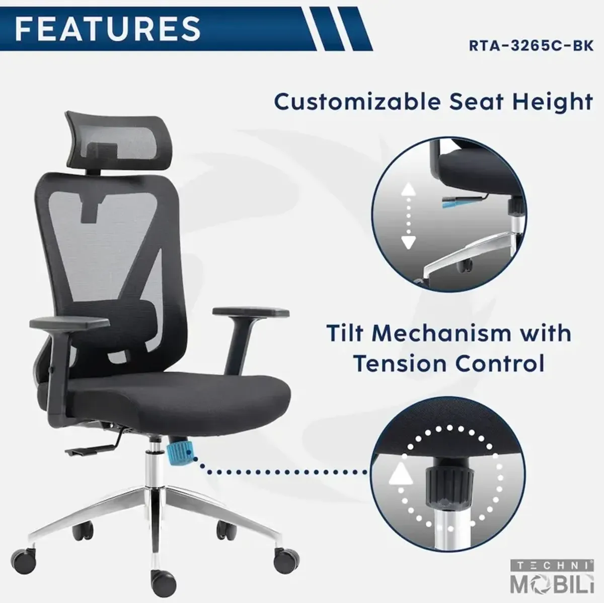 Techni Mobili Truly Ergonomic Mesh Office Chair with Headrest & Lumbar Support, Black