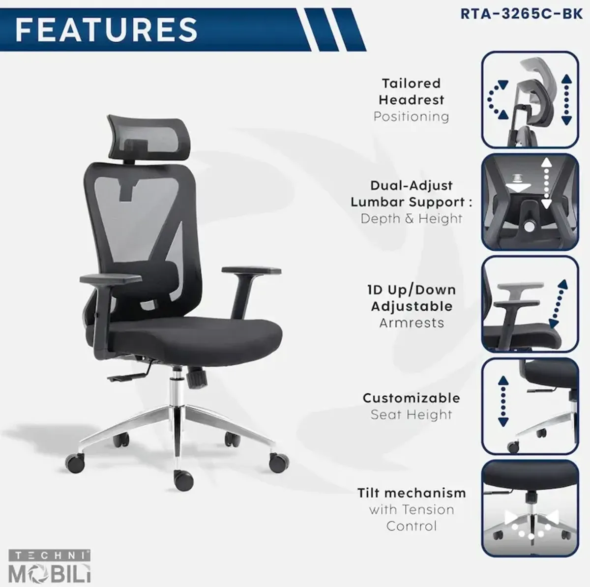 Techni Mobili Truly Ergonomic Mesh Office Chair with Headrest & Lumbar Support, Black