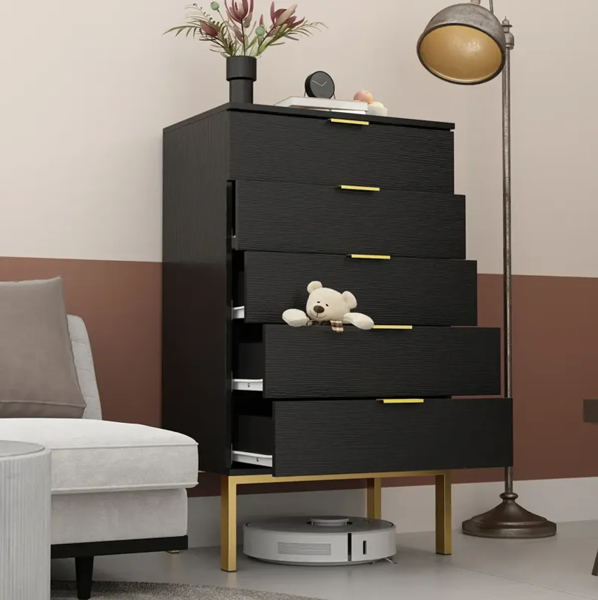 FUFU&GAGA 5-Drawer Black Wood Chest of Drawer Accent Storage Cabinet Organizer W/ Metal Leg, (41.1 in. H x 23.6 in. W x 15.7 in. D),Black