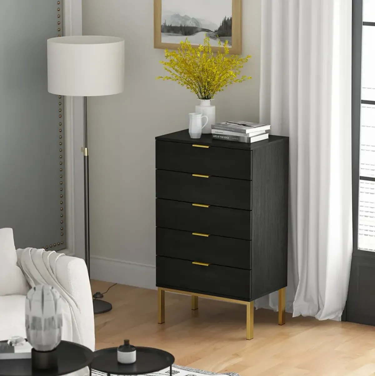 FUFU&GAGA 5-Drawer Black Wood Chest of Drawer Accent Storage Cabinet Organizer W/ Metal Leg, (41.1 in. H x 23.6 in. W x 15.7 in. D),Black
