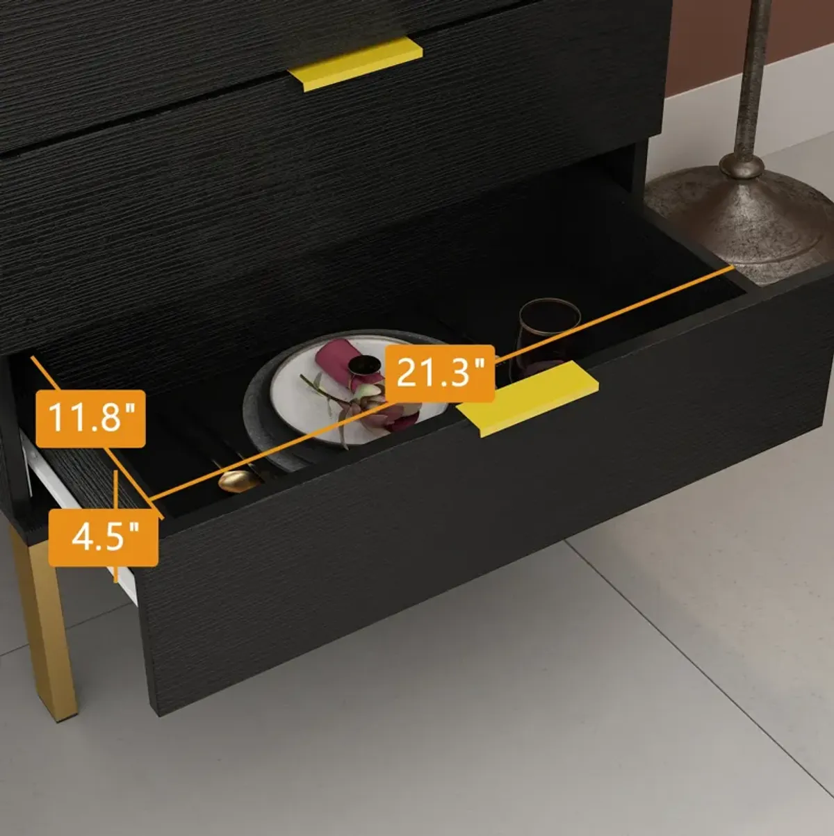 FUFU&GAGA 5-Drawer Black Wood Chest of Drawer Accent Storage Cabinet Organizer W/ Metal Leg, (41.1 in. H x 23.6 in. W x 15.7 in. D),Black