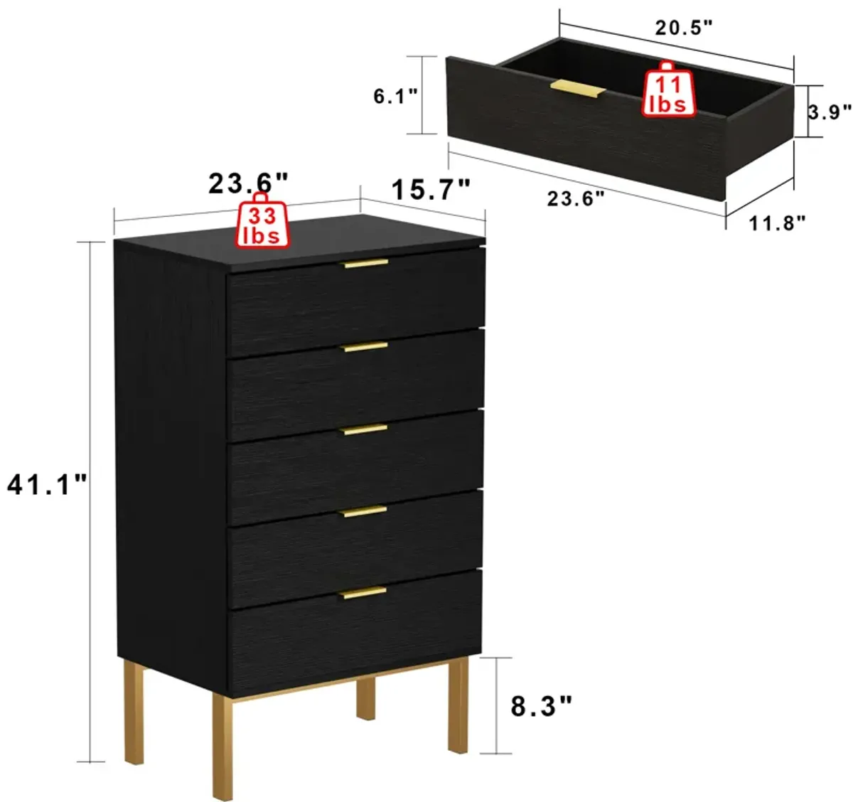 FUFU&GAGA 5-Drawer Black Wood Chest of Drawer Accent Storage Cabinet Organizer W/ Metal Leg, (41.1 in. H x 23.6 in. W x 15.7 in. D),Black