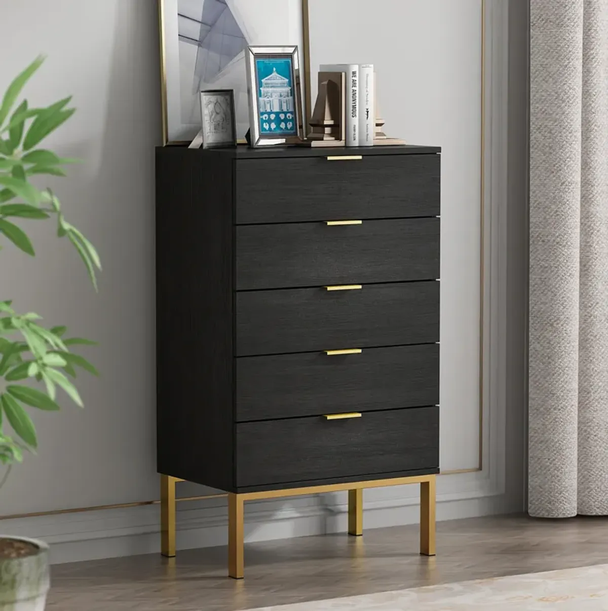 FUFU&GAGA 5-Drawer Black Wood Chest of Drawer Accent Storage Cabinet Organizer W/ Metal Leg, (41.1 in. H x 23.6 in. W x 15.7 in. D),Black