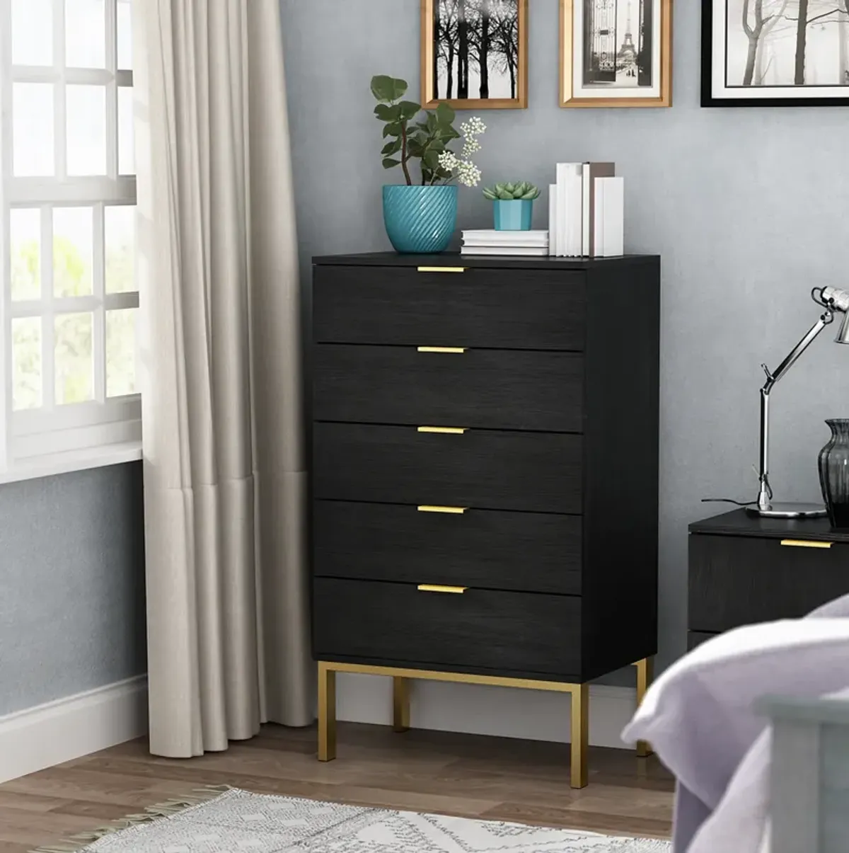 FUFU&GAGA 5-Drawer Black Wood Chest of Drawer Accent Storage Cabinet Organizer W/ Metal Leg, (41.1 in. H x 23.6 in. W x 15.7 in. D),Black