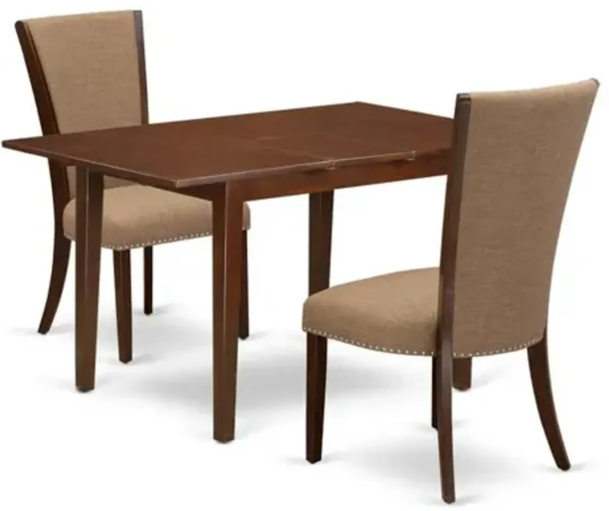East-West Furniture PSVE3-MAH-47 - A dinette set of 2 great indoor dining chairs using Linen Fabric Light Sable color and a fantastic 12" butterfly leaf rectangle dining table in Mahogany Finish