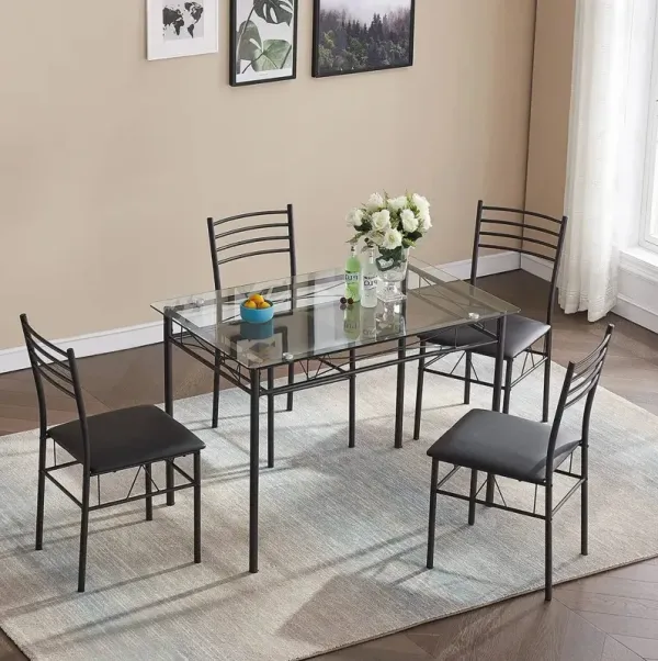 Stylish 5-Piece Dining Set – Glass Table with Metal Frame and 4 Chairs