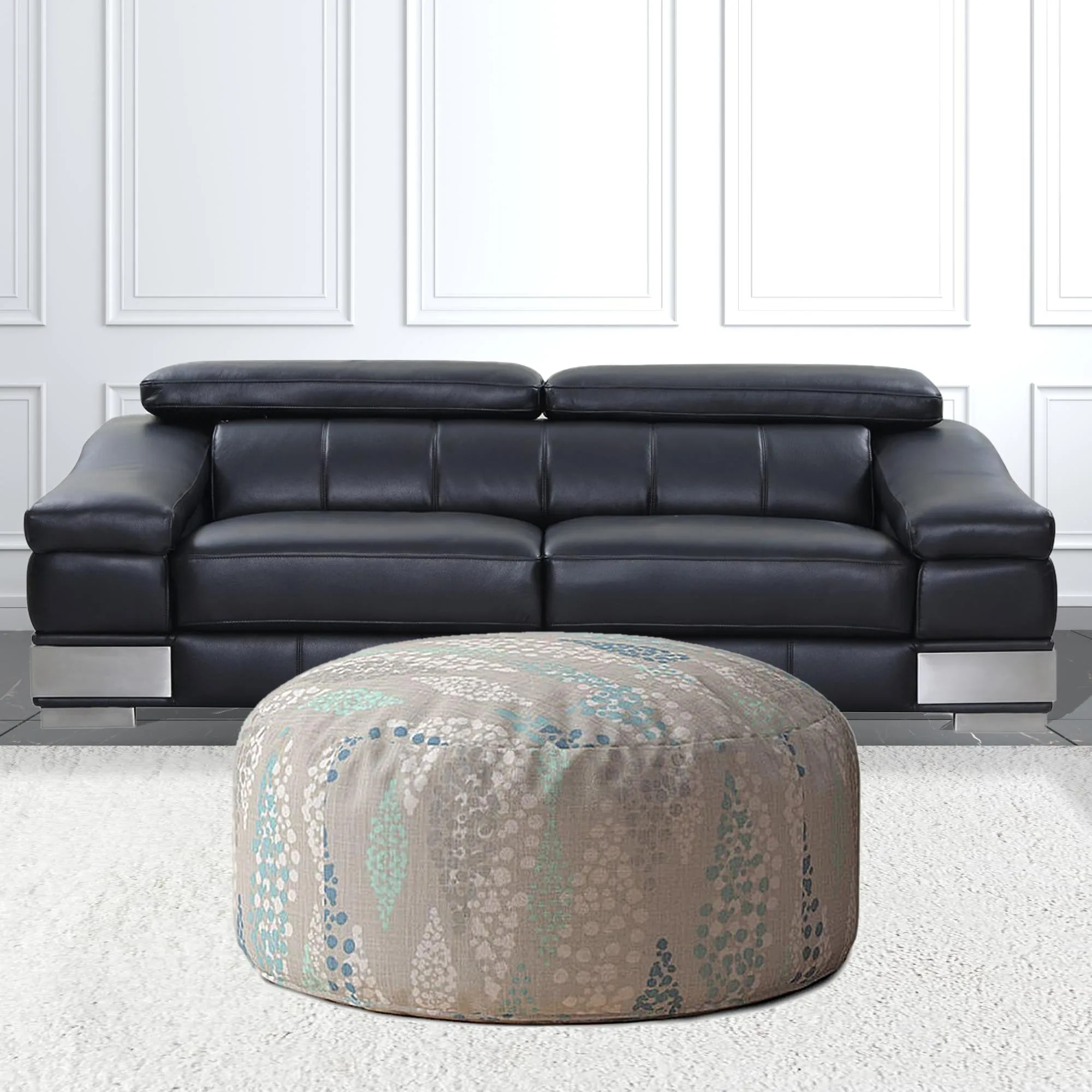 Homezia 24" Blue And Grey Canvas Round Polka Dots Pouf Ottoman