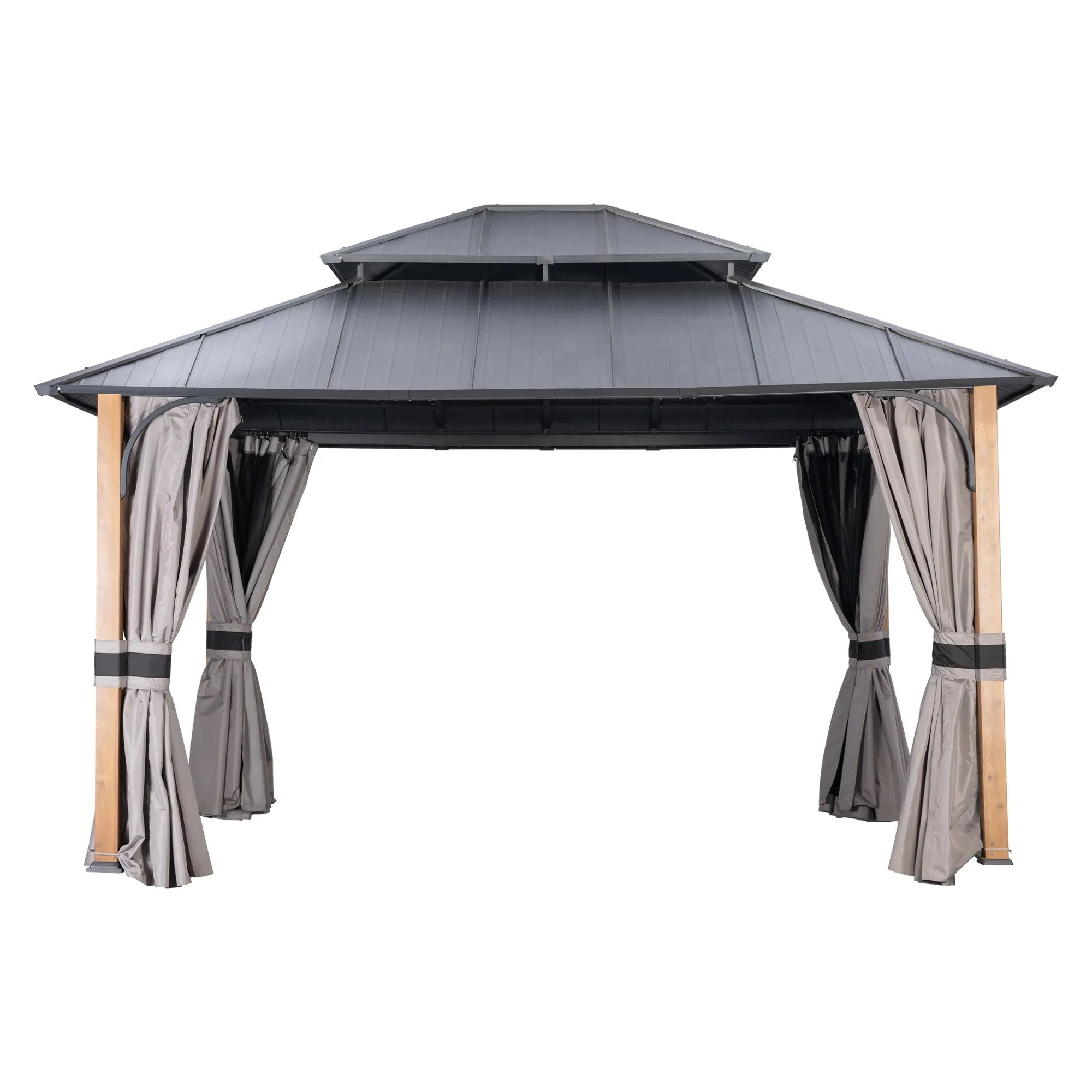 MONDAWE 12 ft�14 ft Hardtop Gazebo Double Roof Aluminum Patio Gazebo with Netting and Curtains