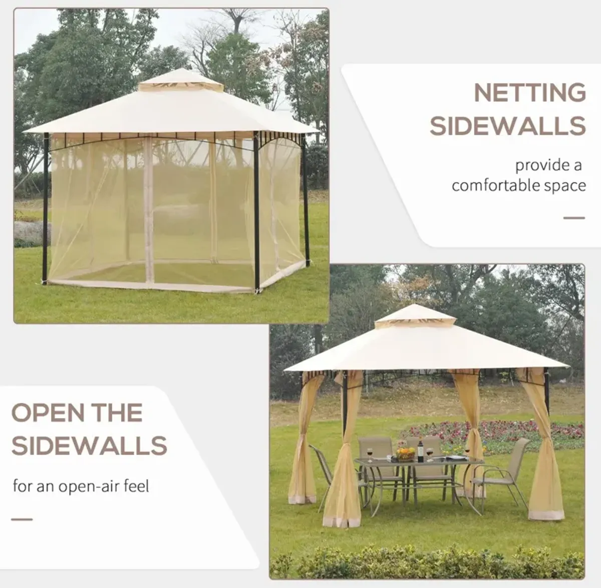 Breezy Backyard Canopy: 10'x10' Khaki Double-Vented Gazebo with Mesh Walls