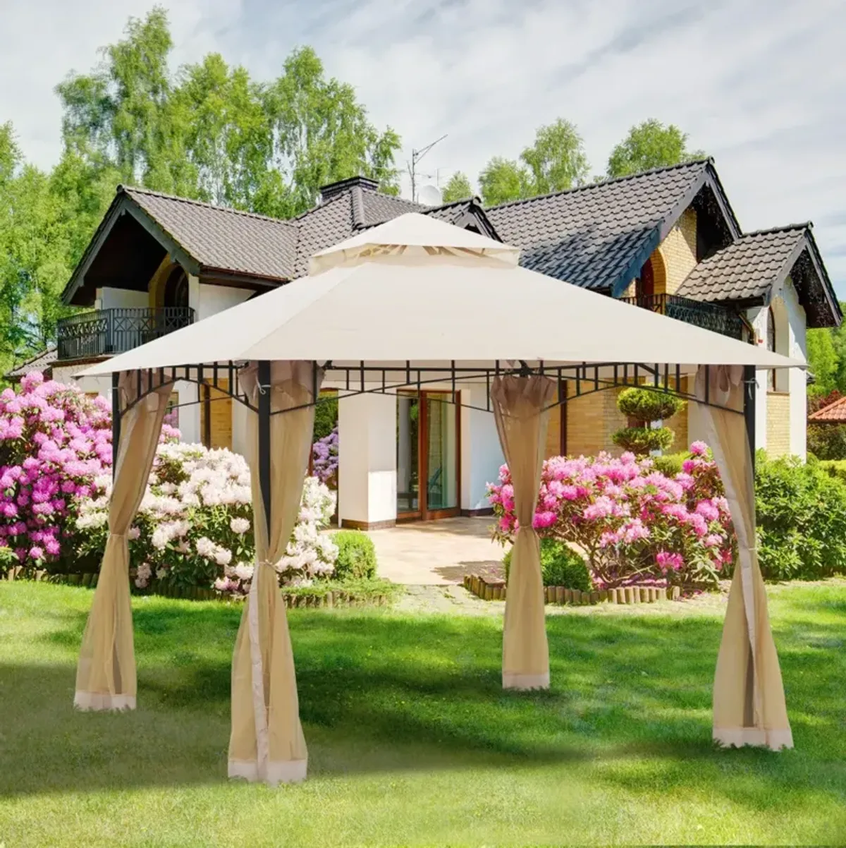 Breezy Backyard Canopy: 10'x10' Khaki Double-Vented Gazebo with Mesh Walls