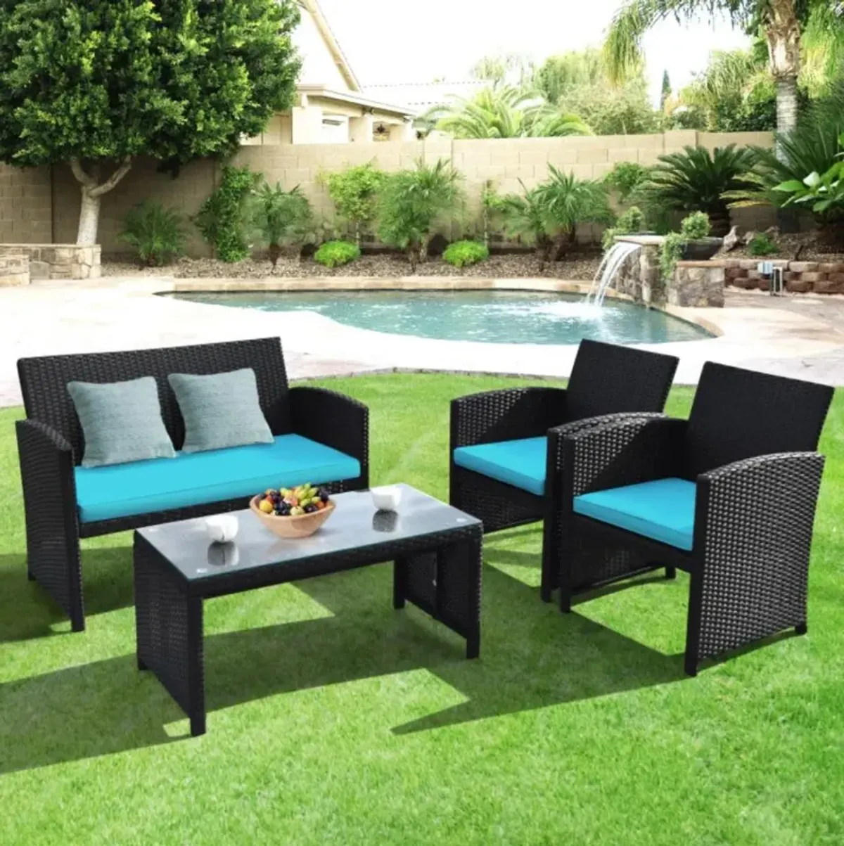 Hivvago 4 Pieces Rattan Patio Furniture Set with Weather Resistant Cushions and Tempered Glass Tabletop