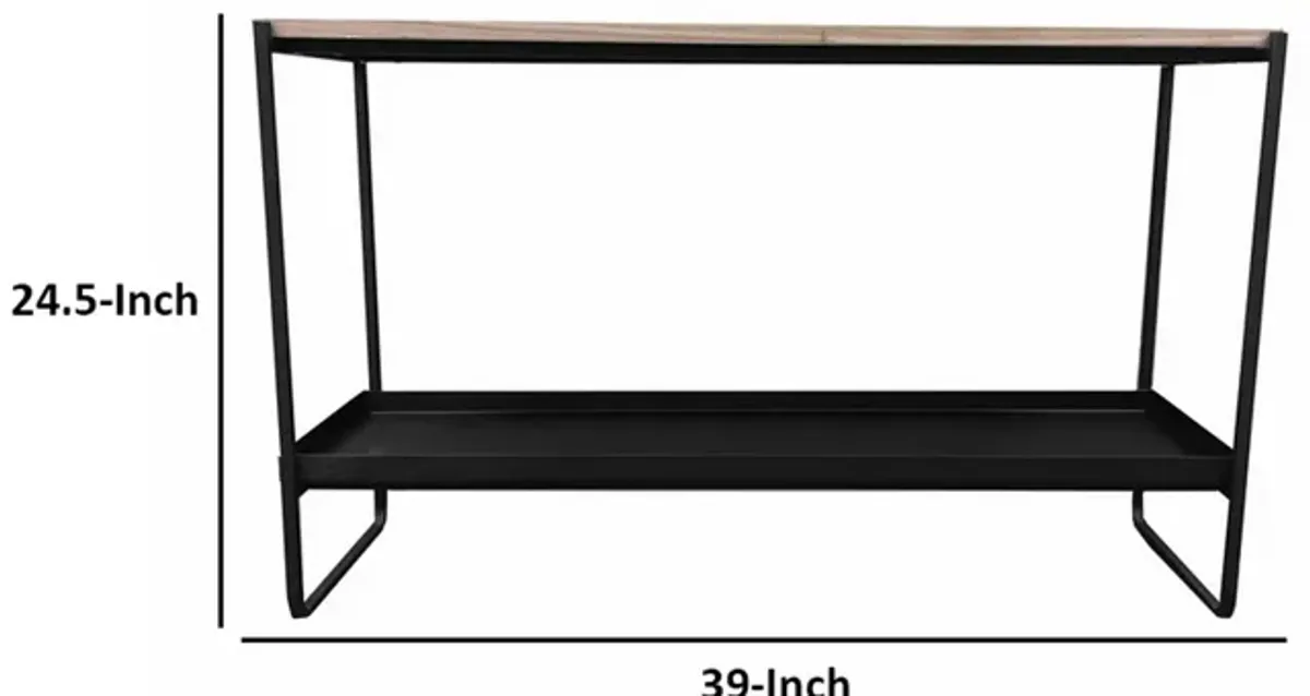 Evon 39 Inch Console Table, Natural Brown Wood Top and Shelf, Black Metal - Benzara