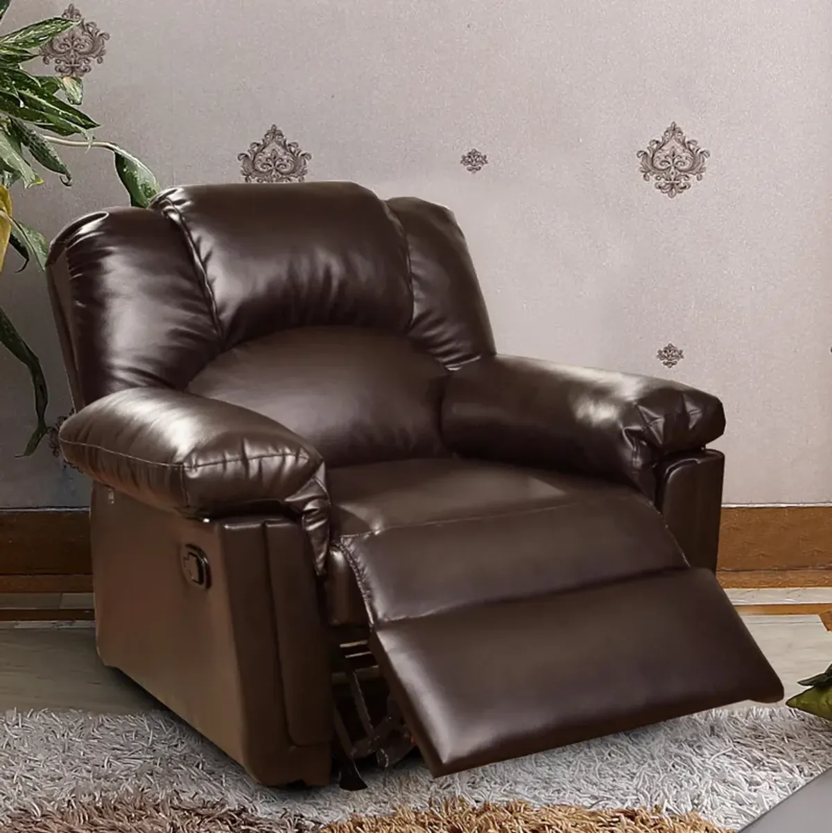 Bonded Leather Rocker/Recliner, Brown-Benzara