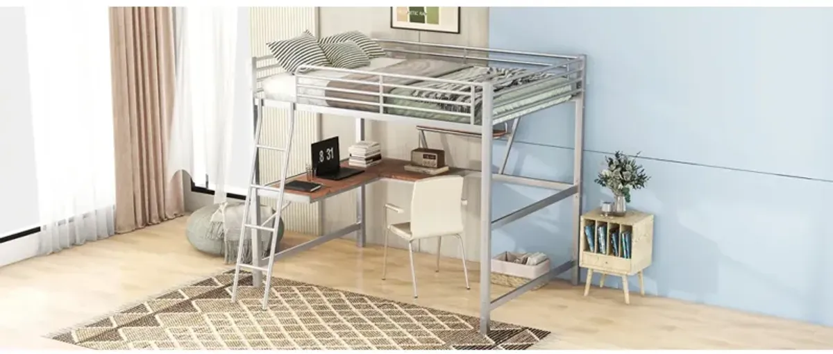 Full Size Loft Metal&MDF Bed With Desk And Shelf, Silver