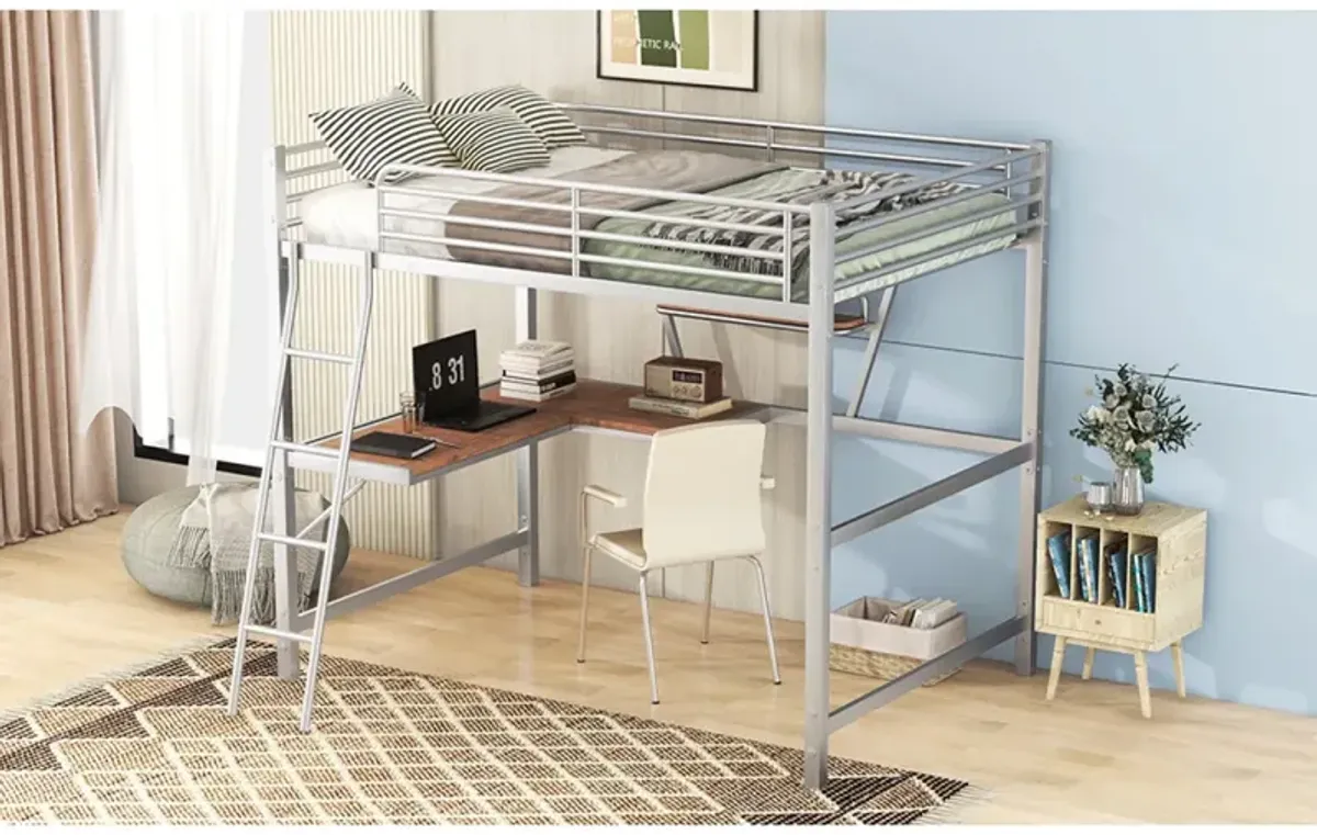 Full Size Loft Metal&MDF Bed With Desk And Shelf, Silver