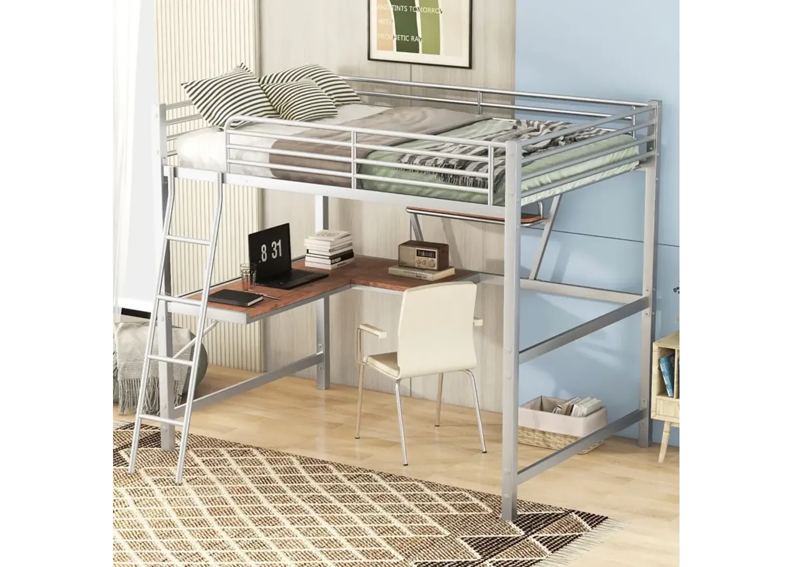 Full Size Loft Metal&MDF Bed With Desk And Shelf, Silver