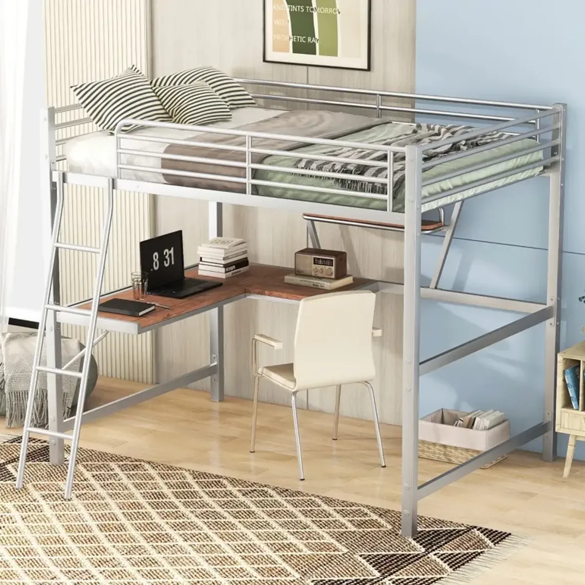 Full Size Loft Metal&MDF Bed With Desk And Shelf, Silver