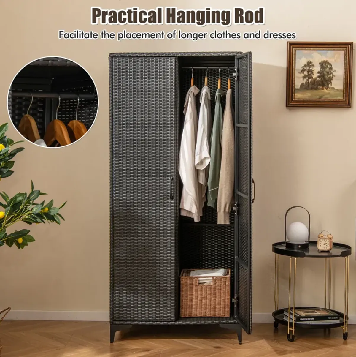 62 Inch Wicker Wardrobe with 2 Doors PE Rattan Closet with Hanging Rod