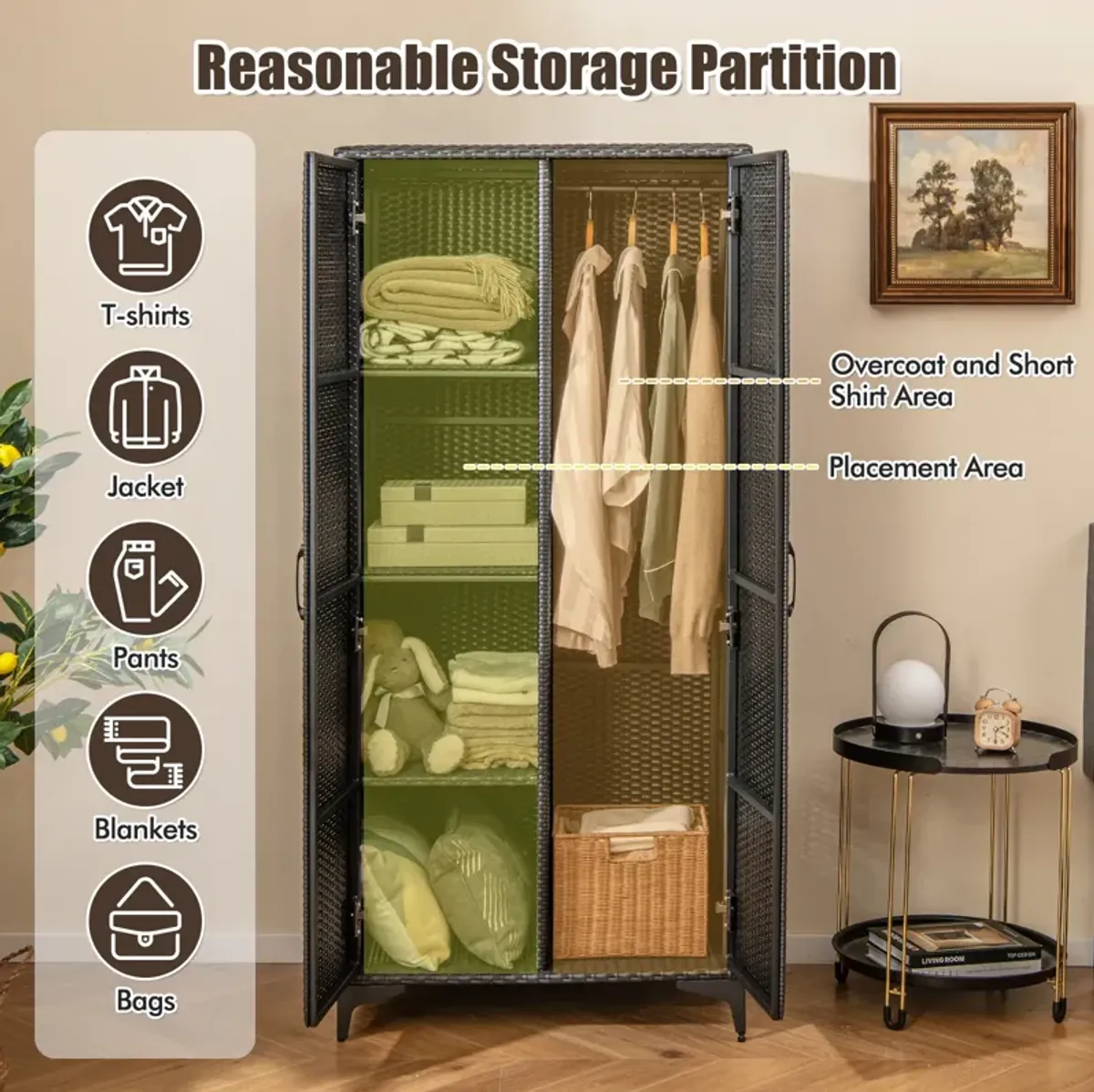 62 Inch Wicker Wardrobe with 2 Doors PE Rattan Closet with Hanging Rod