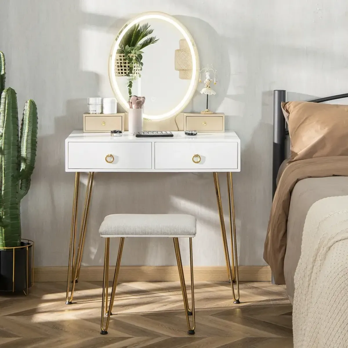 Vanity Table Set with 3-Color Lighted Dimmable Mirror