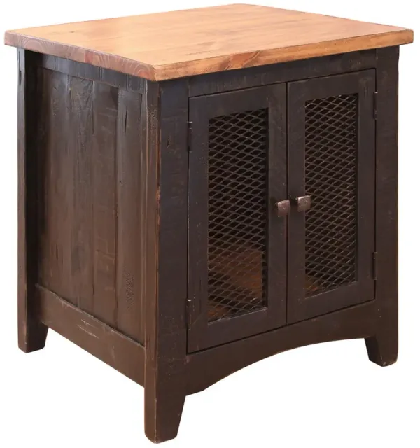 Benjara Ata 26 Inch End Table, 2 Mesh Doors, Multi Step Lacquer Finish, Brown